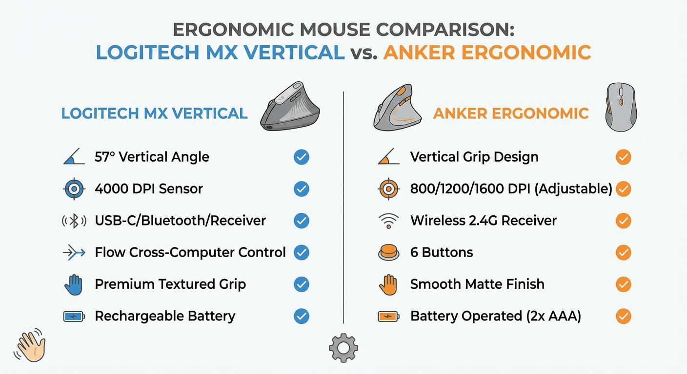 Comparison infographic of 5 best vertical mice for remote workers showing key specs, battery life, and prices