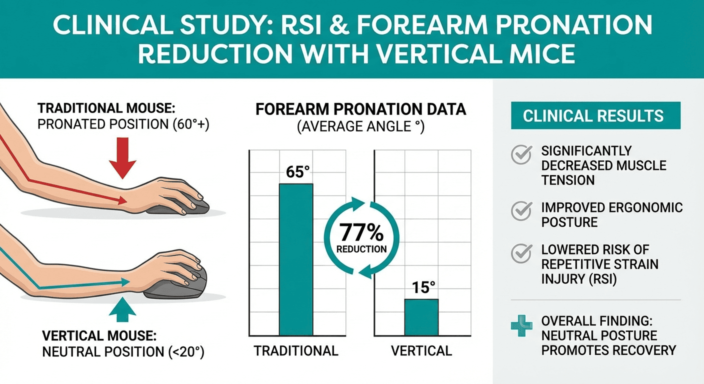Vertical mouse RSI research infographic showing pronation reduction and lower musculoskeletal load