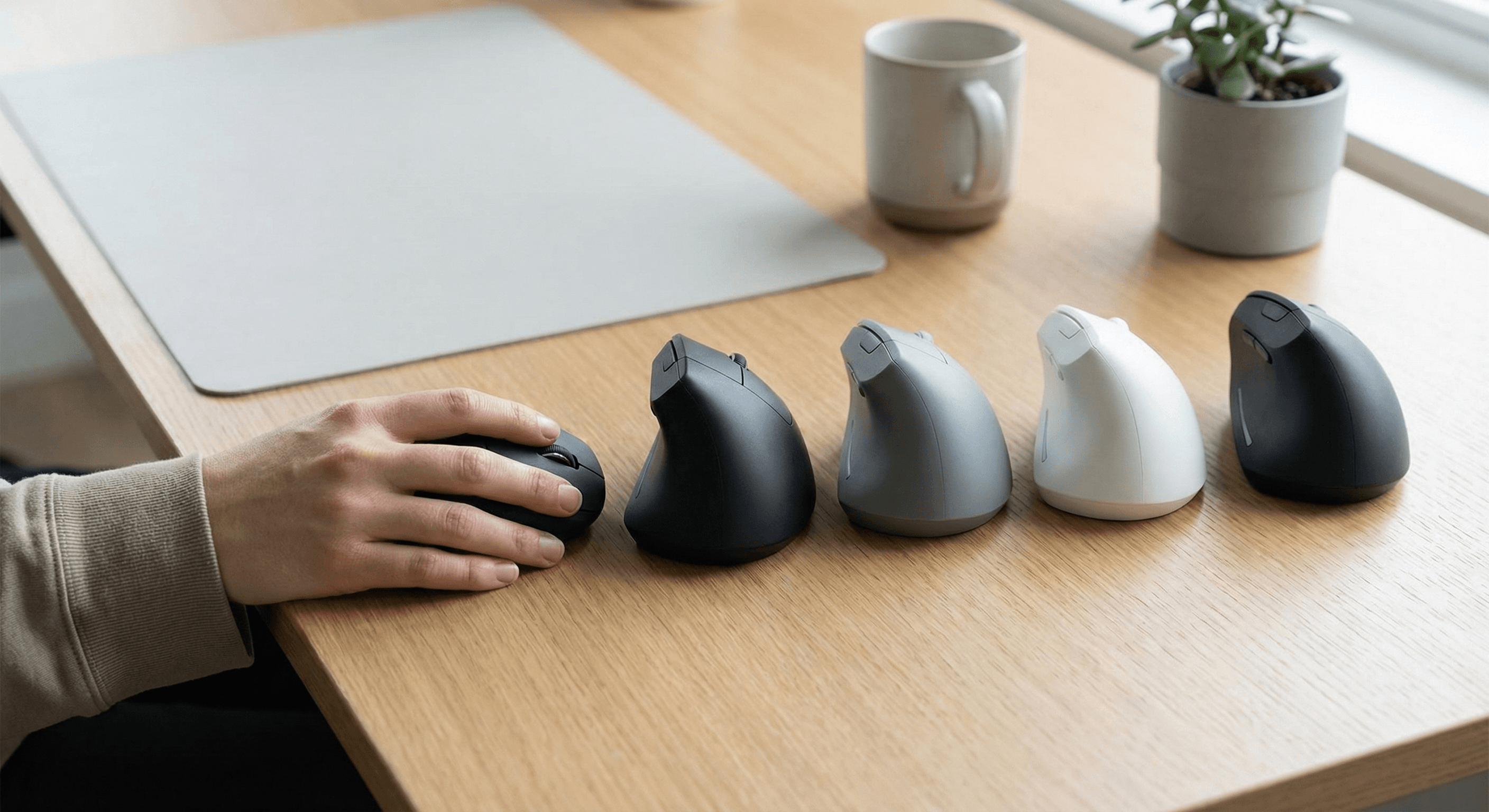 Side-by-side ergonomic mouse comparison on a clean desk for small-hand fit decisions