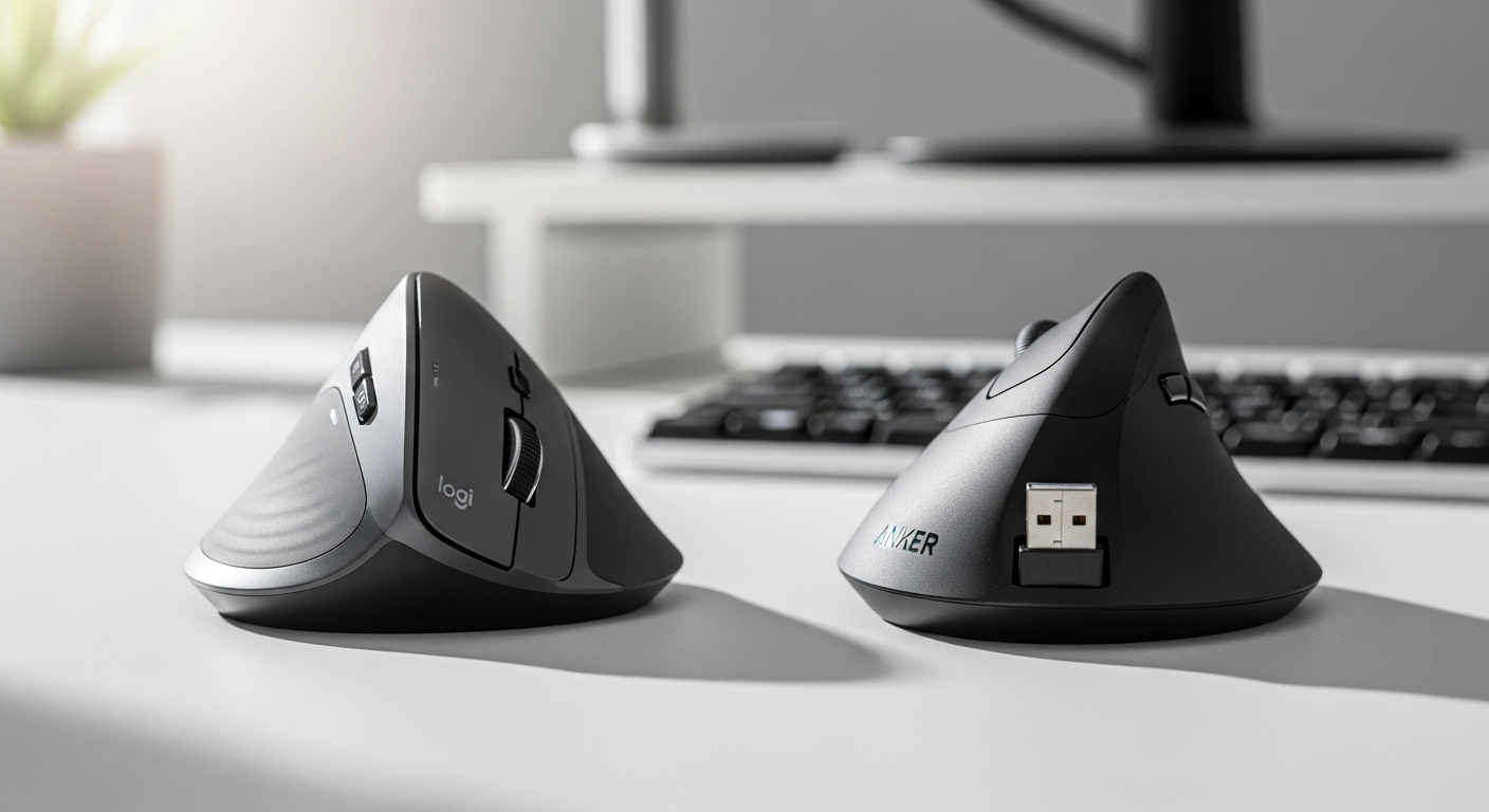 Anker ergonomic mouse bottom view showing USB nano dongle storage