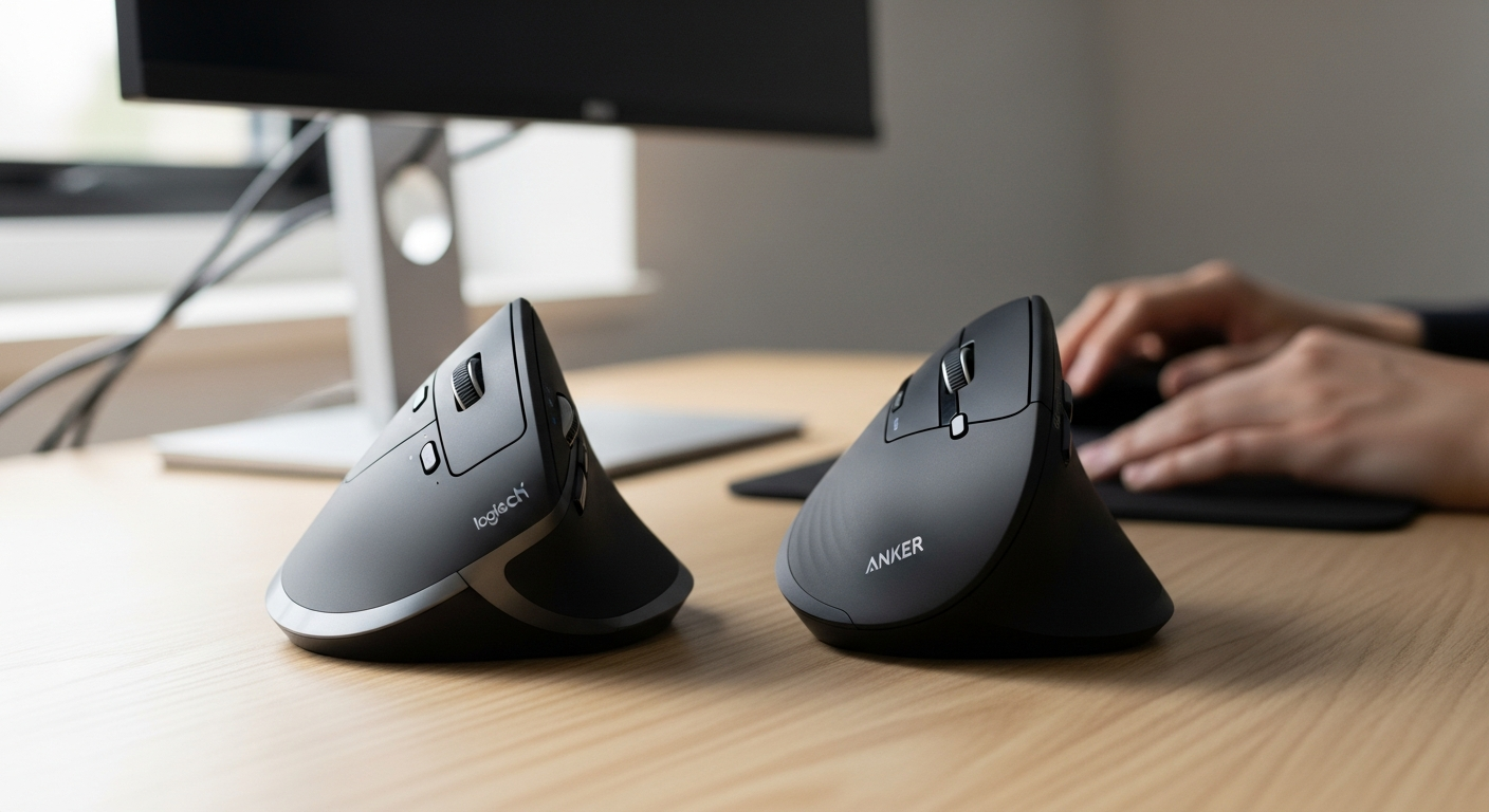 Person using Logitech MX Vertical ergonomic mouse at standing desk with proper wrist posture