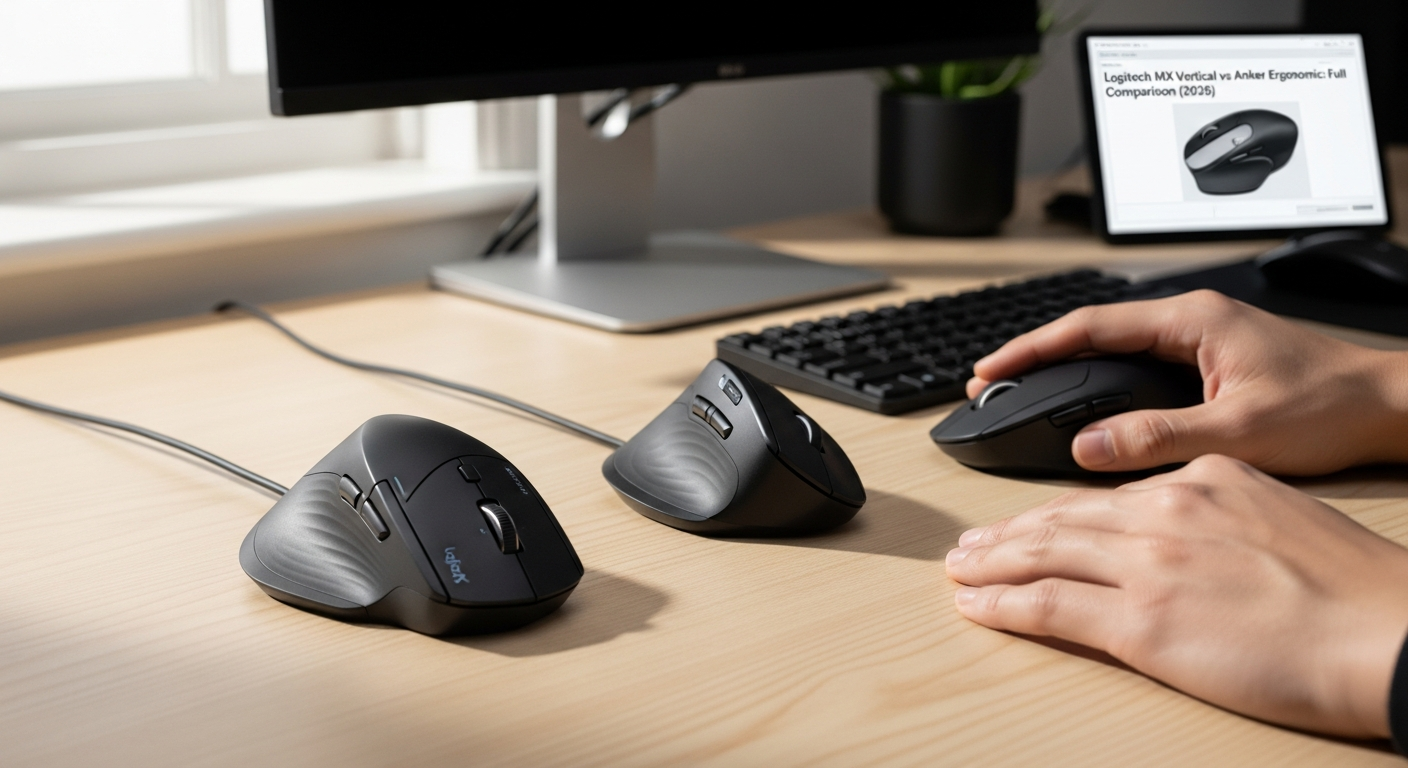 Logitech MX Vertical ergonomic mouse grip showing premium rubber texture